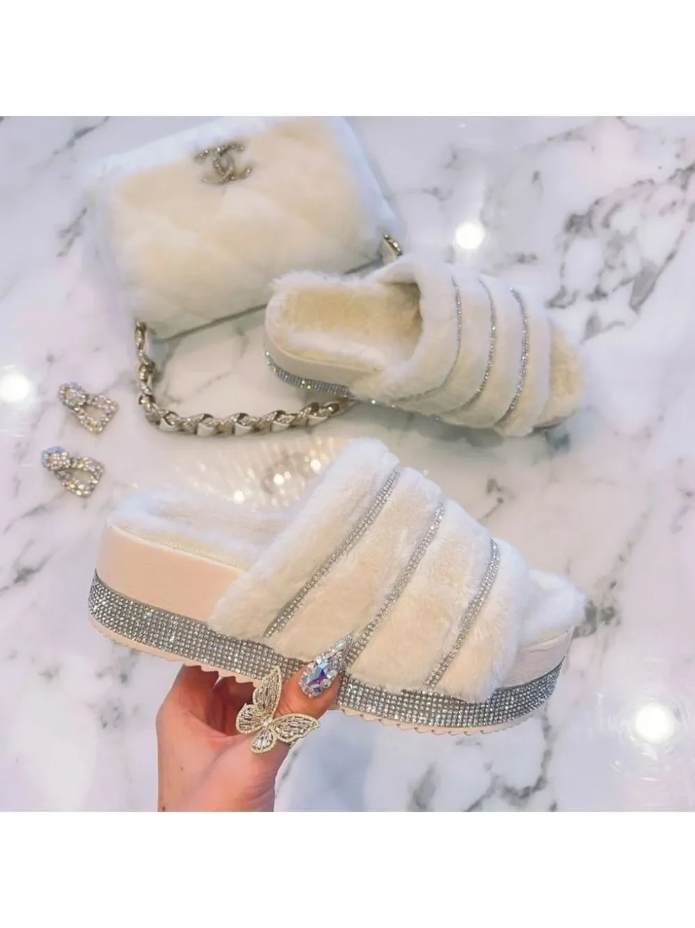 💕Just In💕Rhinestone Fur Sandal - Beige